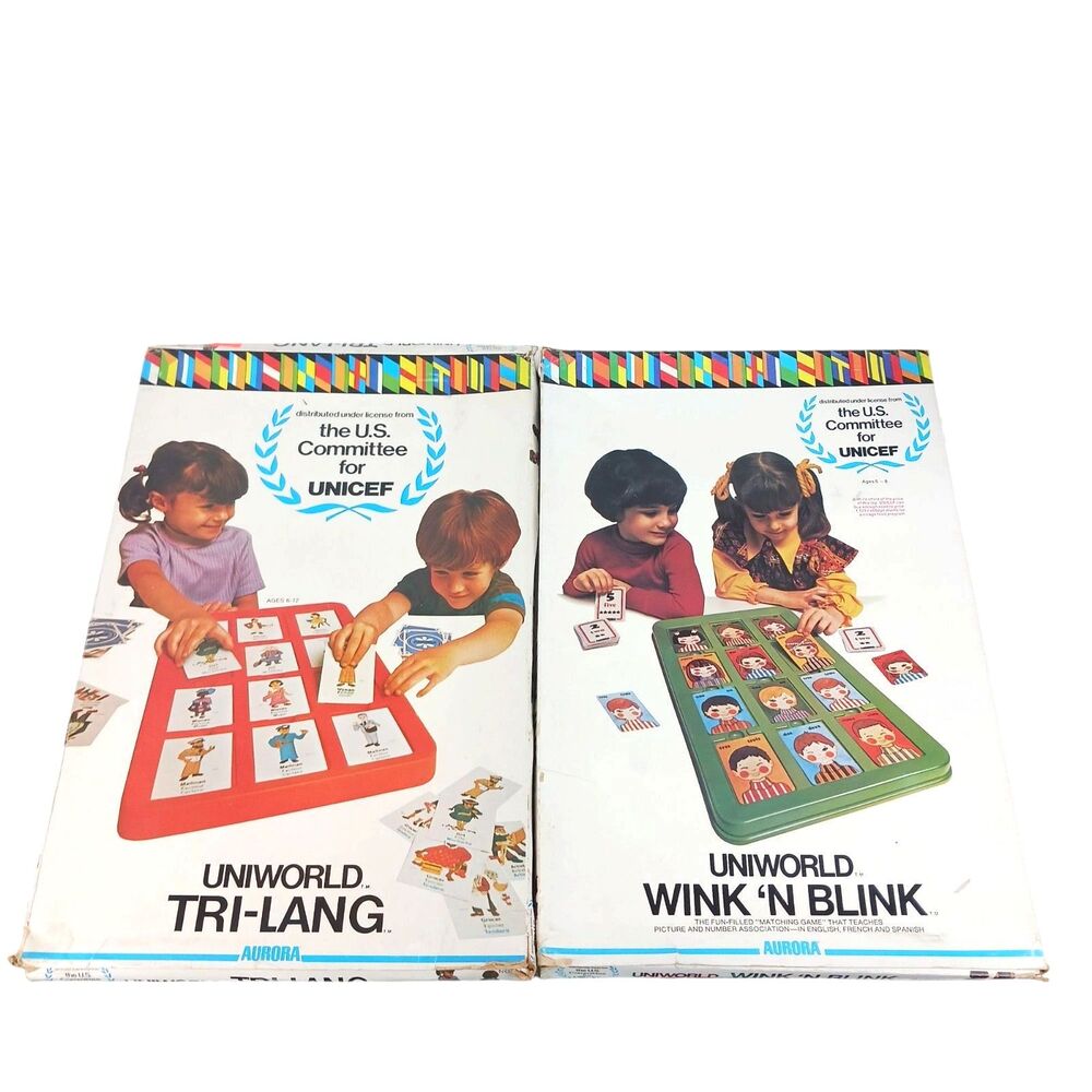 Uniworld Trilingual Board Games Vtg 70's UNICEF foreign language game homeschool